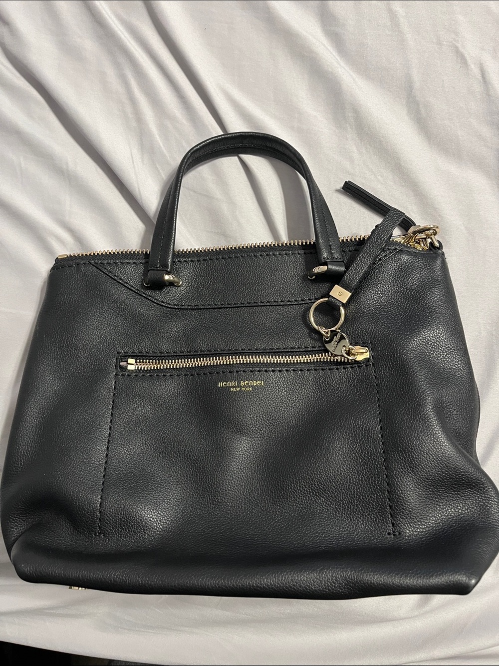 henri bendel Black Leather Satchel with Gold Hardware